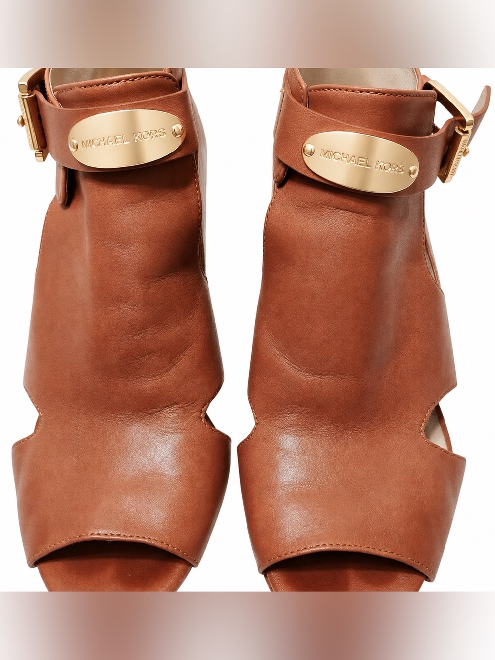 Michael Kors MK Plate Open Toe Cognac Leather Booties Heels Shoes Luggage Tan 7 - Picture 3 of 10